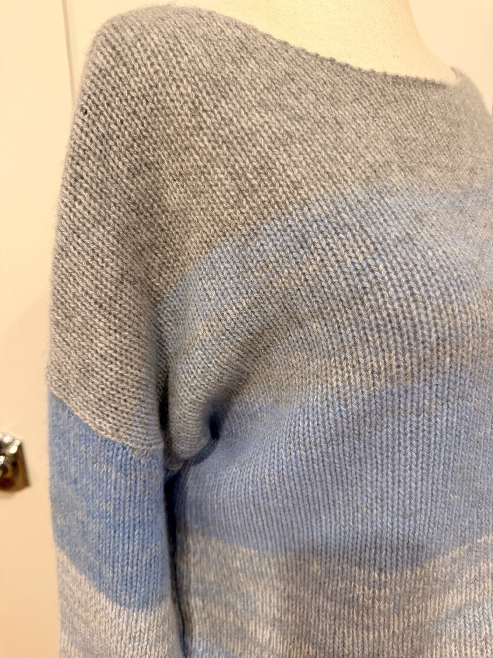 Skull Cashmere Crewneck Sweater in Light Blue, Gray & Cream with Graphic - Picture 9 of 15